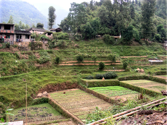 Gehöfte und Gärten schmiegen sich in die Hügeltäler Guilins.
